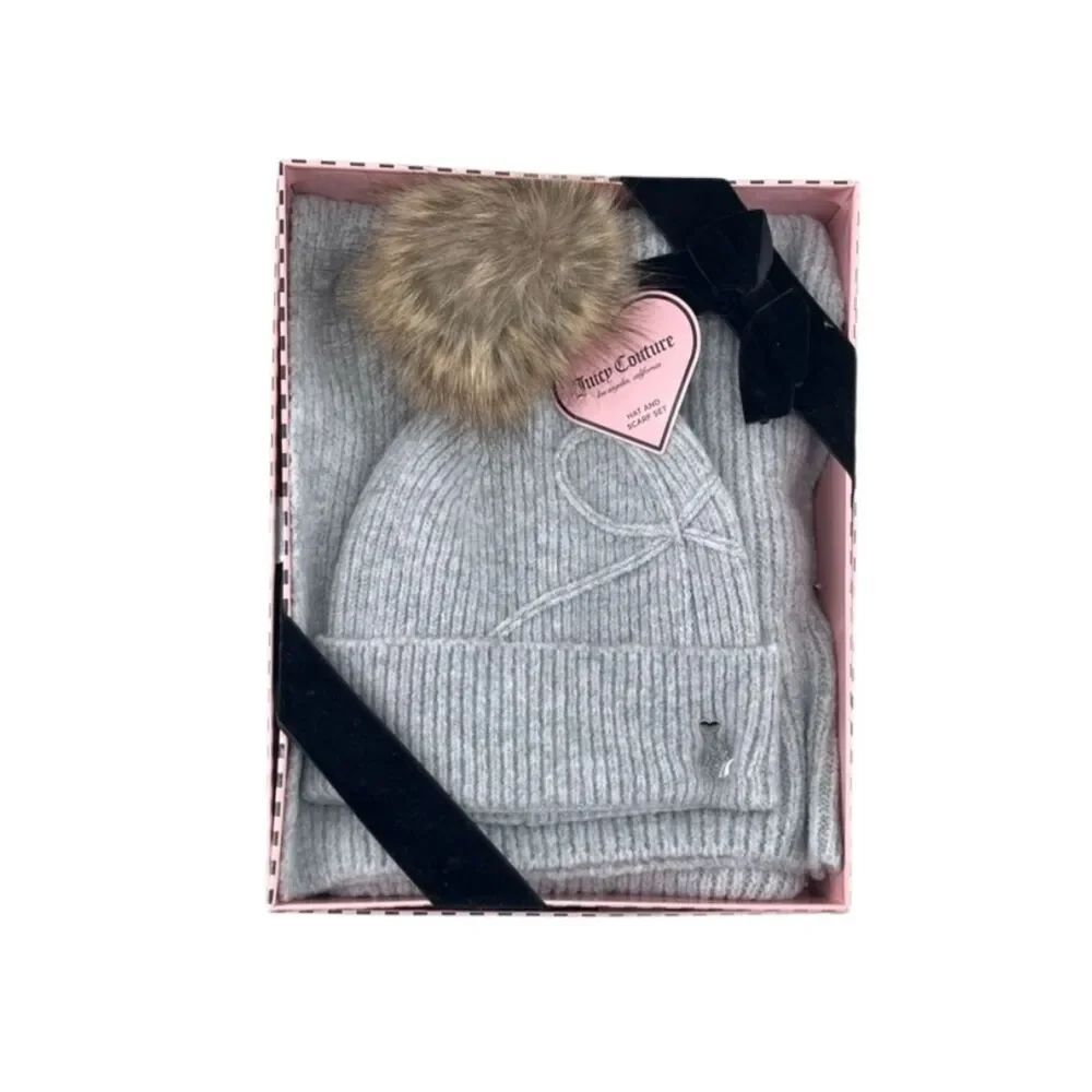 Juicy Couture Gray Knit Beanie Hat & Scarf Set with Faux Fur Pom